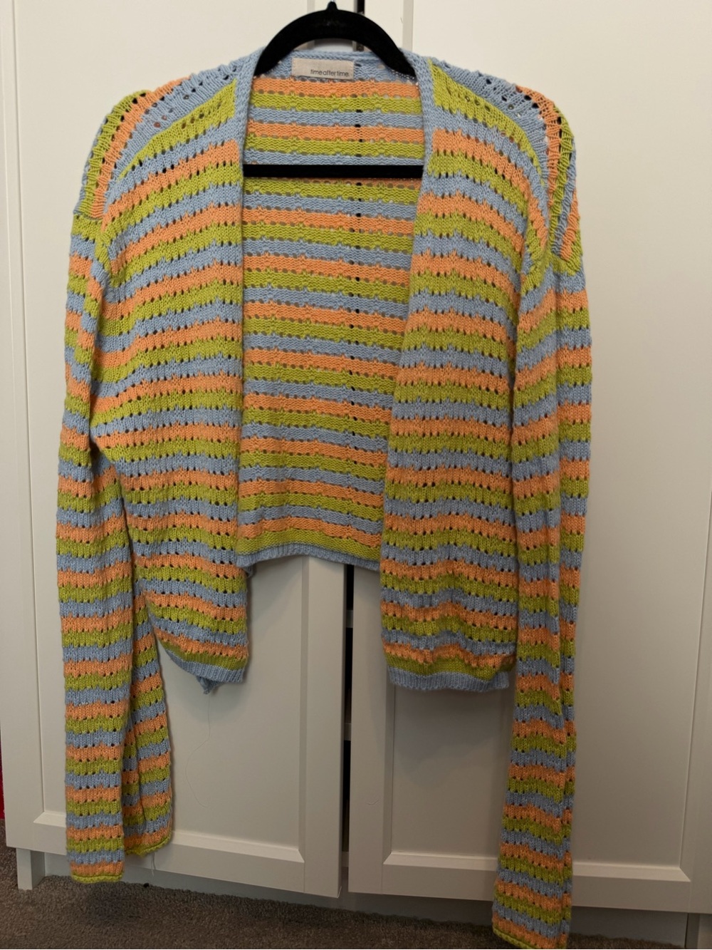 Open-Front Striped Cropped Cardigan - Pastel Blue, Peach & Lime